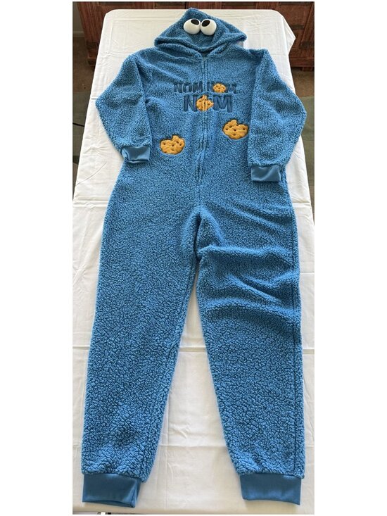 Sesame Street Other - Sesame Street Cookie Monster One Piece Pajama L/XL Blue Hooded Fleece